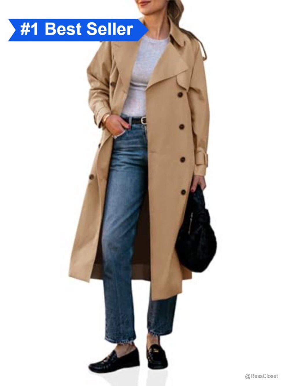 Womens Long Trench Coat Double Breasted Belted Waterproof Classic Fall Overcoat
